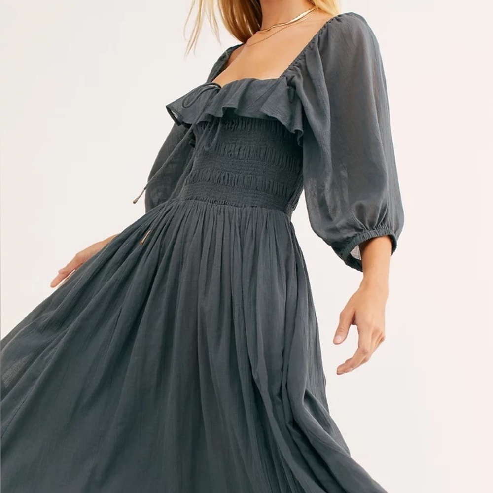 Free People Oasis Midi Dress in “Blue Heaven” Grey Size L